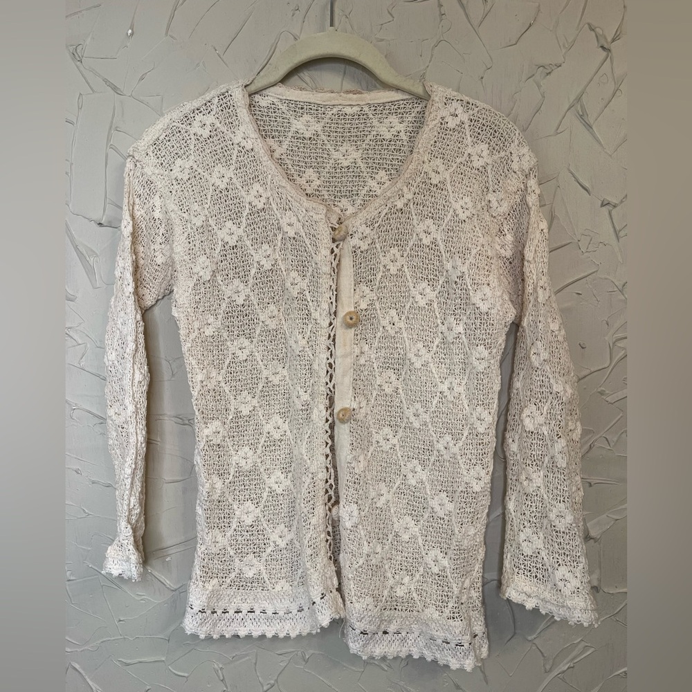 Vintage Hand Crocheted Lace Cardigan Boho Hippie Bohemian